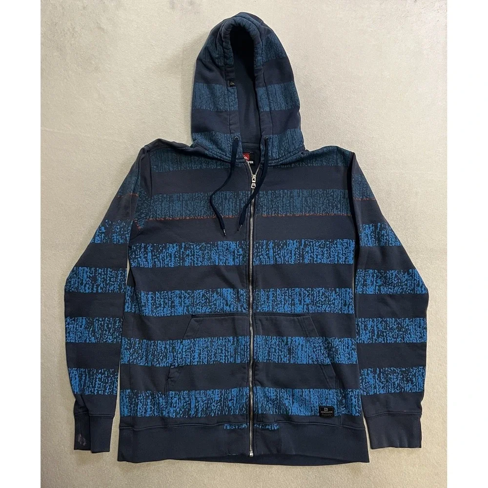 Vintage Quiksilver Hoodie Men's Size XL Blue Striped Skateboarding Surf Y2K